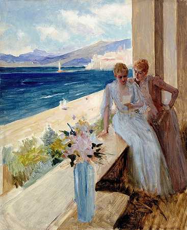 艺术家s的妻子和艾米莉·冯·埃特在戛纳的阳台上`The Artists Wife And Emilie Von Etter On The Balcony In Cannes (1891) by Albert Edelfelt