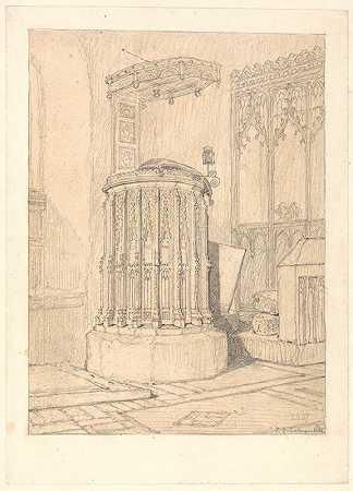 诺福克南伯灵翰教堂的讲坛`Pulpit in South Burlingham Church, Norfolk (1816) by John Sell Cotman