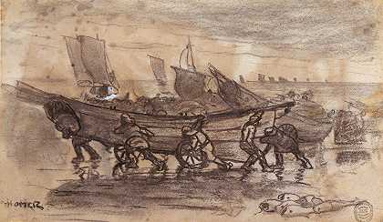 英国卡勒考茨，渔夫们在多利海滩上搁浅`Fishermen Beaching a Dory, Cullercoats, England (1881) by Winslow Homer