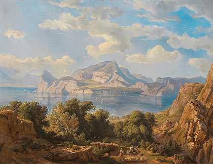 以维苏威火山为背景的米塞诺角景观`A View of Capo Miseno with Vesuvius in the Background by Fritz Bamberger