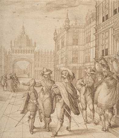 城市广场上的骑士`Cavaliers in a City Square (early 17th century) by Jean de Saint-Igny