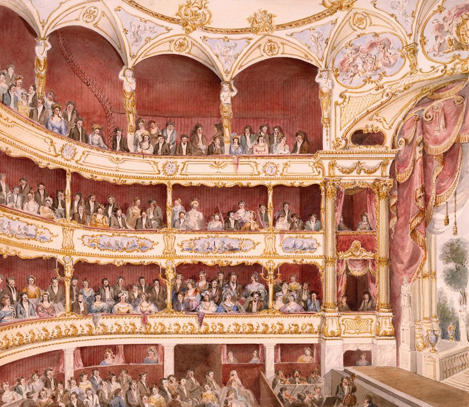 伦敦圣詹姆斯剧院屋内。`Interior of St. James Theatre, London. (circa 1835) by John Gregory Crace