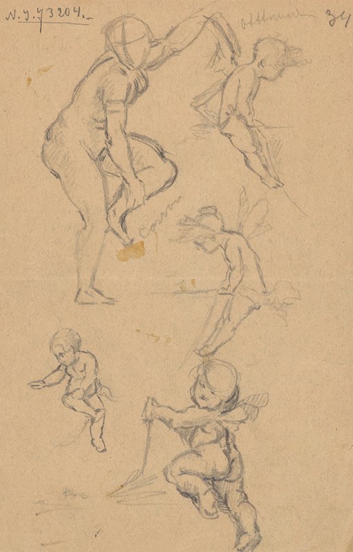 四把推杆和一个裸体女人的素描`Sketches of four puttos and a nude woman (1884~1887) by Stanisław Wyspiański