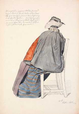 从后面看坐着的妻子`Siddende kone set fra ryggen (1851) by Christen Dalsgaard