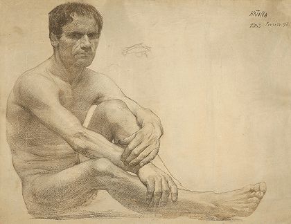 男性裸体坐姿的研究`Study of a sitting male nude by Ferdinand Katona
