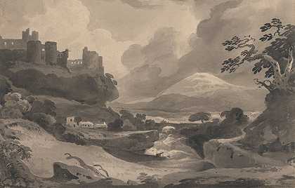 悬崖上有城堡遗址的山地景观`Mountain Landscape with Castle Ruins on a Cliff by John Varley