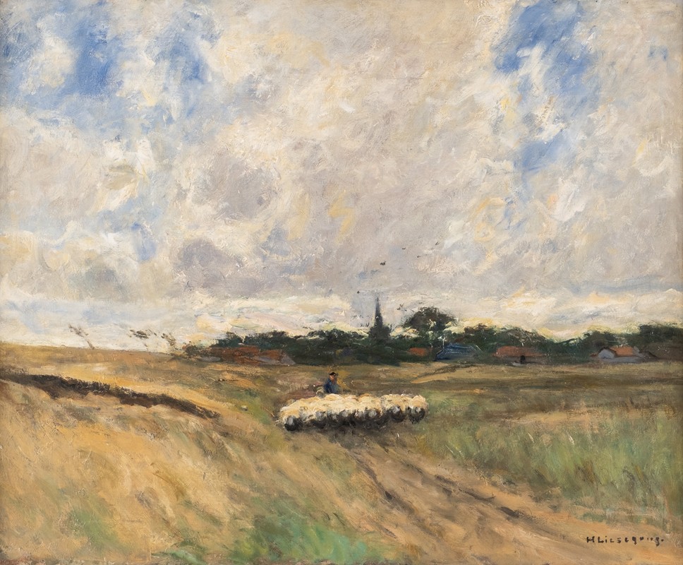 风雨交加的牧人`Shepherd with flock in stormy landscape by Helmuth Liesegang
