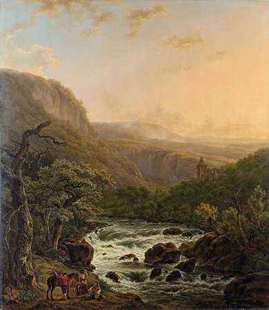 日落时的阿登河`River in the Ardennes at Sunset (1821) by Henri van Assche