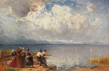 岸上的渔民和僧侣`Fischer und Mönche am Ufer (1920~1927) by Joseph Wopfner