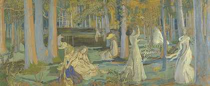 草图飞轮组神圣的树林`Esquisse pour le Jeu de volant ; Le bois sacré (1900) by Maurice Denis