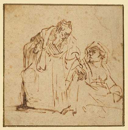 一名男子与坐在左边的女子交谈的研究`Study of a Man Talking to a Woman Seated on the Left (1635–1636) by Rembrandt van Rijn