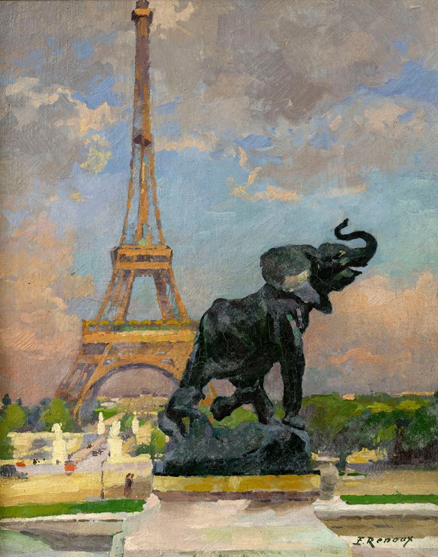 被弗雷米和埃菲尔铁塔困住的大象`LEléphant pris au piège de Frémiet et la Tour Eiffel (1922) by Ernest Jules Renoux