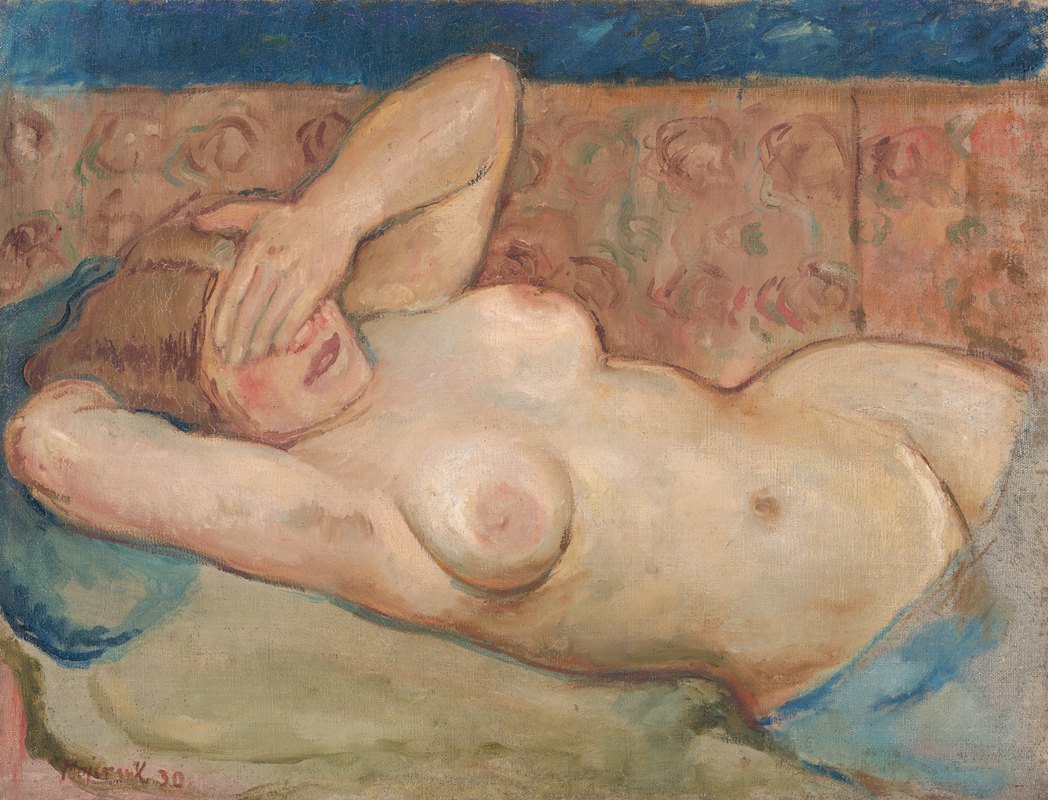 裸体躺着（害羞）`Reclining Nude (Shy) (1930) by Cyprián Majerník