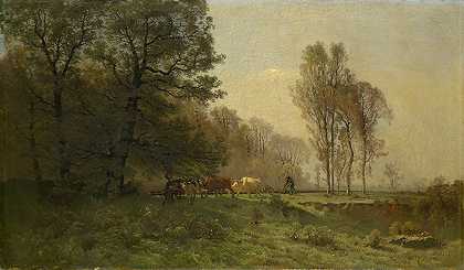 耕地农民的景观`Landscape with Ploughing Farmers by Jacques Dunant