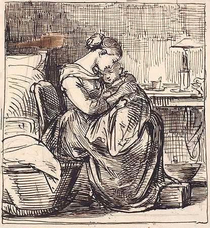 母亲在卧室里抱着熟睡的孩子`Moder med sovende barn på skødet i sovekammer (1810 – 1873) by Wilhelm Marstrand