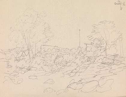 有一棵大树的风景，遮蔽着一座小屋`Landscape with a Large Tree, Shading a Cottage (1791) by James Moore
