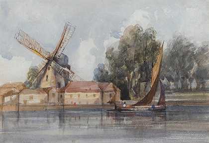 风车和农舍旁边的急流`A Wherry Passing A Windmill And Farm Buildings by Thomas Shotter Boys