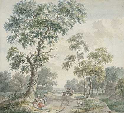 森林边缘有农舍和一条沙路`Boszoom met boerenwoningen en een zandpad (1779) by Gerardus Wieringa
