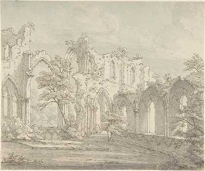 约克郡喷泉修道院室内景观`Interior view of Fountains Abbey, Yorkshire (mid~18th–early 19th century) by Thomas Sunderland