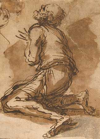老人面朝左上跪着`Old Man Kneeling Facing Upper Left (1615–73) by Salvator Rosa