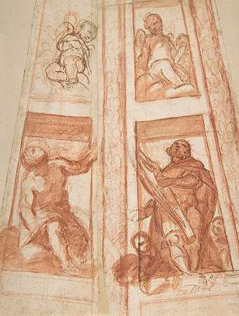 一座带有先知、大卫王和两个普蒂的圆顶炉的装饰设计`Design for the Decoration of a Cupola with a Prophet, King David and Two Putti by Mattia Preti