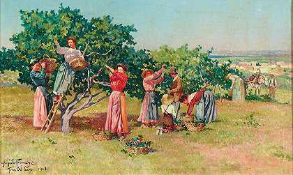 托斯卡纳的收获`Harvest In Tuscany by Angiolo Tommasi