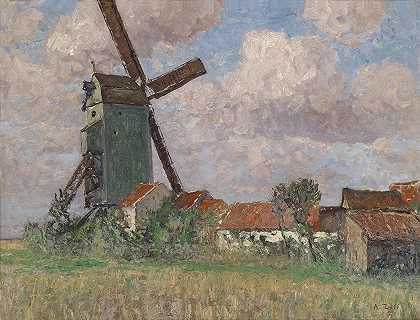 比利时的风车和村庄`Windmühle und Dorf in Belgien by Alfred Zoff