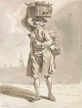 伦敦在哭泣拿着篮子的男人（卖锅碗瓢盆的男人）`London Cries; A Man with a Basket (Man Selling Pots and Pans) (ca. 1759) by Paul Sandby