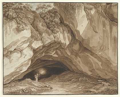 有猎人的岩石景观`Rocky Landscape with Hunters (1786) by Johann Christian Reinhart