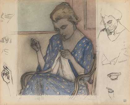一位女性缝纫师的研究`Study of a Woman Sewing by Robert Polhill Bevan