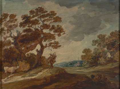 景观左边前景中的奶牛`Landscape; Cow in left foreground by Gainsborough Dupont