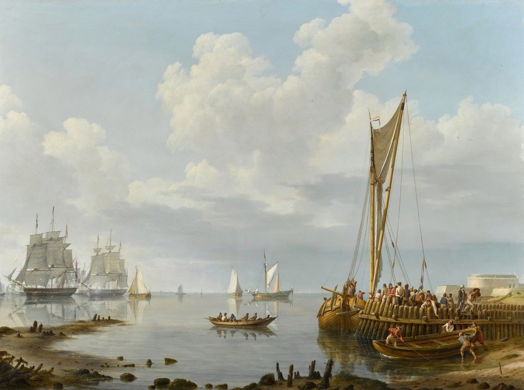 在平静的河口航行`Shipping in a Calm Estuary (1836) by Johannes Hermanus Koekkoek