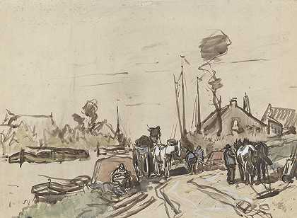 在航行中卸下手推车`Het lossen van karren bij een vaart (1864 ~ 1936) by Jan van Essen