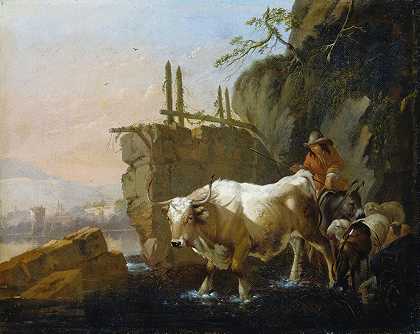 牧民赶着牛穿过一个福特`Herdsmen Driving Cattle through a Ford (1670) by Johann Heinrich Roos