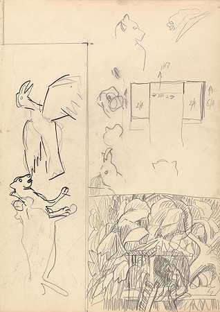 金牛洞研究树屋、动物和平面图`Cave of the Golden Calf; Studies of Tree Houses, Animals and Floor Plan (1912) by Spencer Frederick Gore