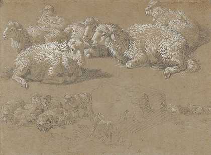 躺在风景中的羊`Reclining Sheep in a Landscape (1759–82) by Francesco Londonio
