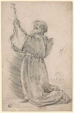手持十字架的跪僧`Kneeling Monk Holding a Crucifix (1630) by Cornelis Saftleven