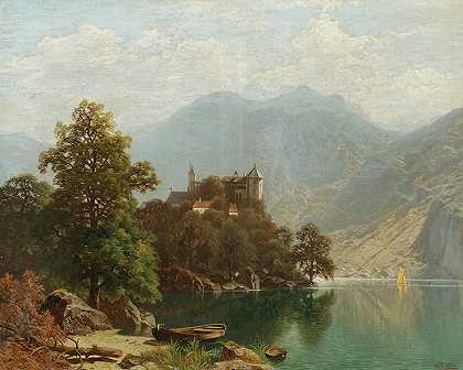 高山湖景`Alpine Lake Scene by Theodor Nocken