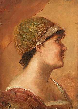 女人s头像`Womans Head in Profile (ca.1880) by Friedrich August von Kaulbach