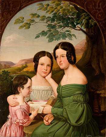 豪斯纳家族三姐妹的肖像`Portrait of Three Sisters from the Hausner Family (1839) by Tomasz Tyrowicz