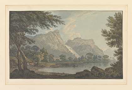 洛多岩石-瀑布和小屋距离`Lodore Rocks — fall & cottage – distance by Joseph Farington