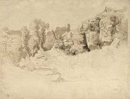 奥列瓦诺附近的岩层`Rock Formations near Olevano (1847~1848) by Heinrich Dreber