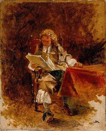 坐式骑士阅读研究`Study of a Seated Cavalier Reading (1870) by Ernest Meissonier
