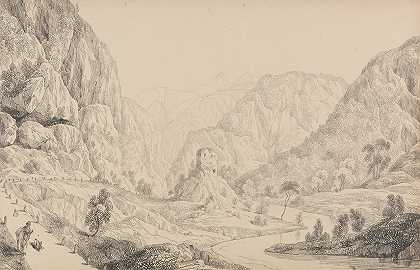 米特沃尔德附近的艾萨克景观`View on the Eisak near Mittenwald (1840) by Sir Charles D;Oyly
