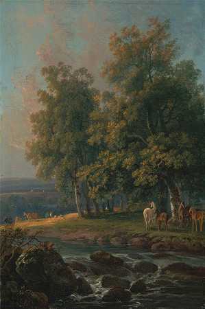 马和牛`Horses and Cattle by a River (1777) by a River by George Barret
