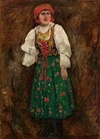 穿着克拉克沃民族服装的女人`Woman in a Kraków folk costume (1906) by Tadeusz Makowski
