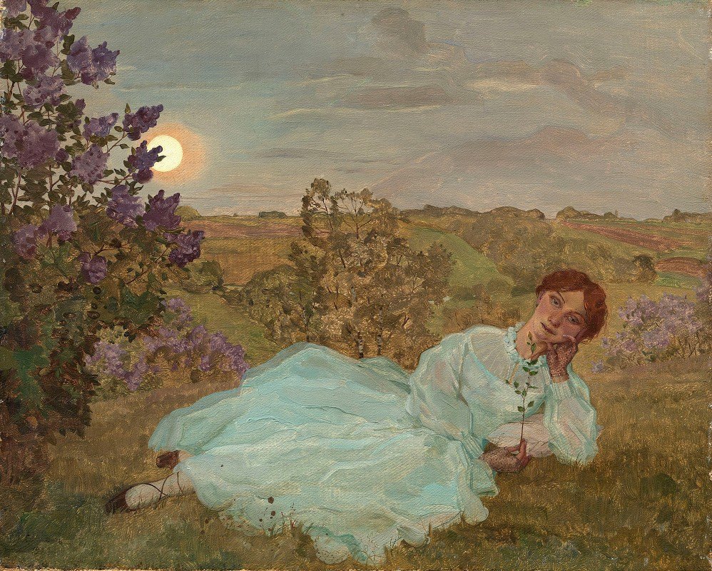 日落时休息`Repose At Sunset (1922) by Konstantin Andreevich Somov
