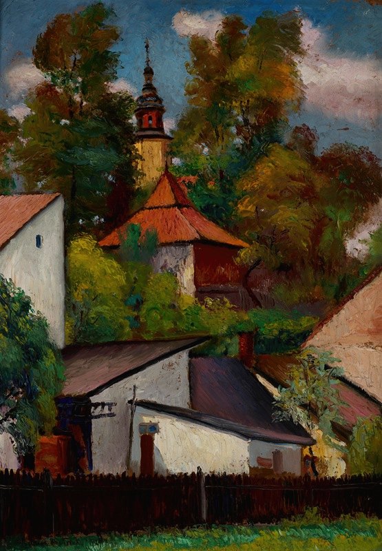 克拉科夫萨尔沃特山的房屋和教堂`Houses and the Church at the Salwator Hill in Krakow (1929) by Henryk Dietrich