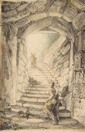 楼梯（曲线楼梯）`LEscalier (The Curving Stair) (1778–79) by Gabriel de Saint-Aubin