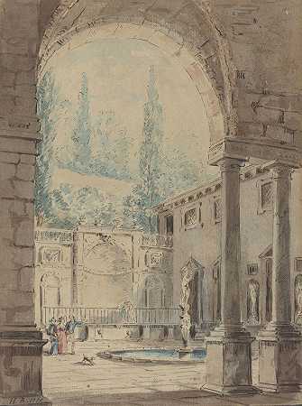 普里尼亚纳别墅庭院`Courtyard of the Villa Pliniana by Follower of Hubert Robert